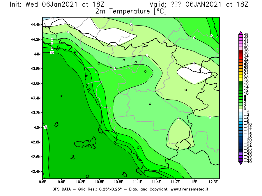 Mappa di analisi GFS - Temperatura a 2 metri dal suolo [°C] in Toscana
							del 06/01/2021 18 <!--googleoff: index-->UTC<!--googleon: index-->