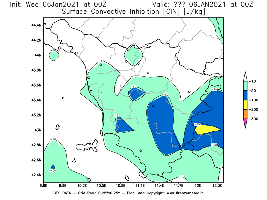 Mappa di analisi GFS - CIN [J/kg] in Toscana
									del 06/01/2021 00 <!--googleoff: index-->UTC<!--googleon: index-->