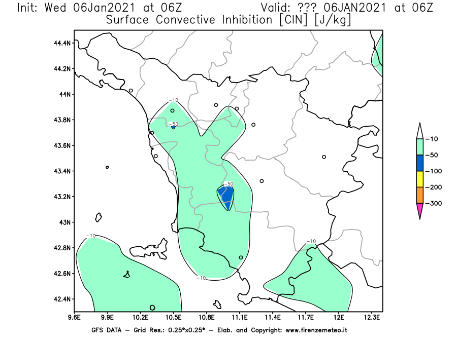 Mappa di analisi GFS - CIN [J/kg] in Toscana
							del 06/01/2021 06 <!--googleoff: index-->UTC<!--googleon: index-->