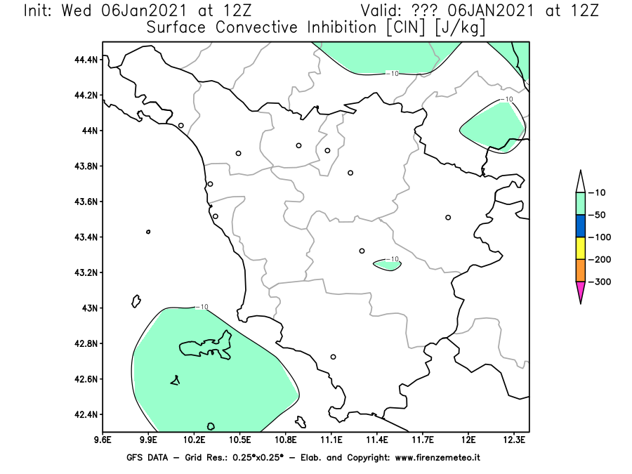 Mappa di analisi GFS - CIN [J/kg] in Toscana
									del 06/01/2021 12 <!--googleoff: index-->UTC<!--googleon: index-->
