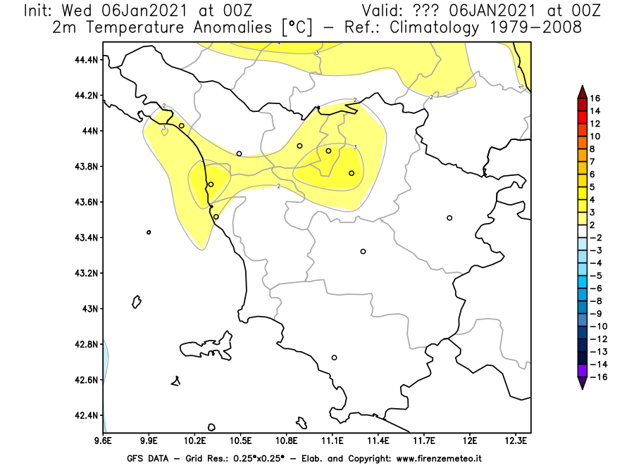 Mappa di analisi GFS - Anomalia Temperatura [°C] a 2 m in Toscana
									del 06/01/2021 00 <!--googleoff: index-->UTC<!--googleon: index-->