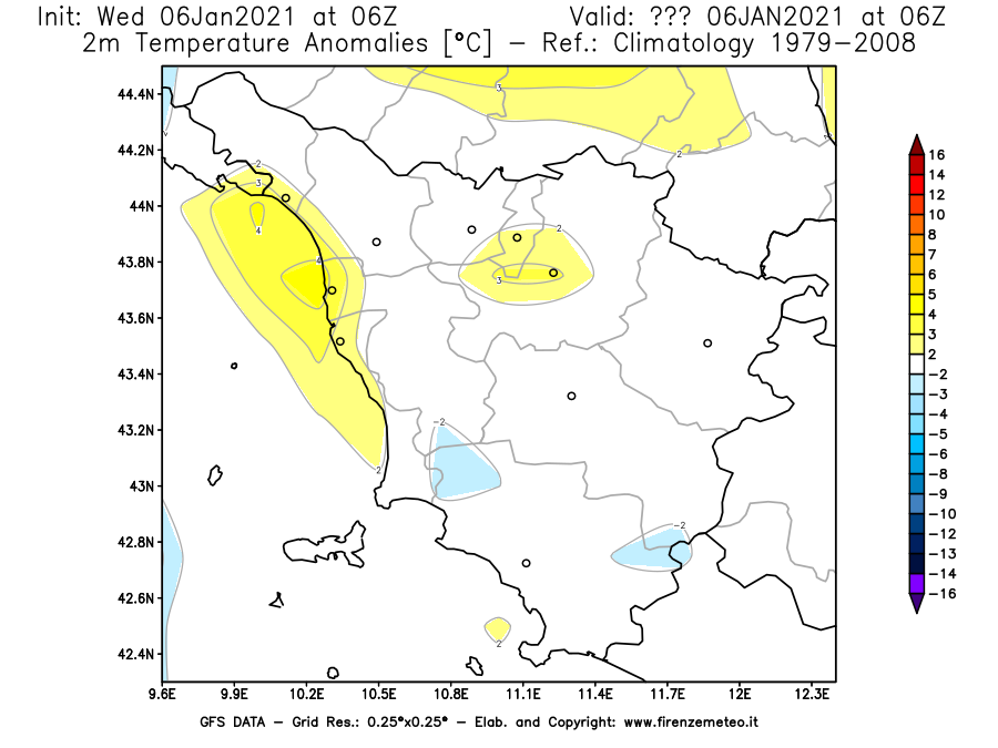 Mappa di analisi GFS - Anomalia Temperatura [°C] a 2 m in Toscana
							del 06/01/2021 06 <!--googleoff: index-->UTC<!--googleon: index-->