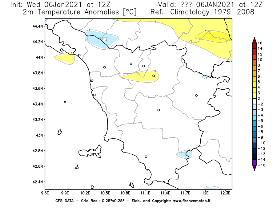Mappa di analisi GFS - Anomalia Temperatura [°C] a 2 m in Toscana
							del 06/01/2021 12 <!--googleoff: index-->UTC<!--googleon: index-->