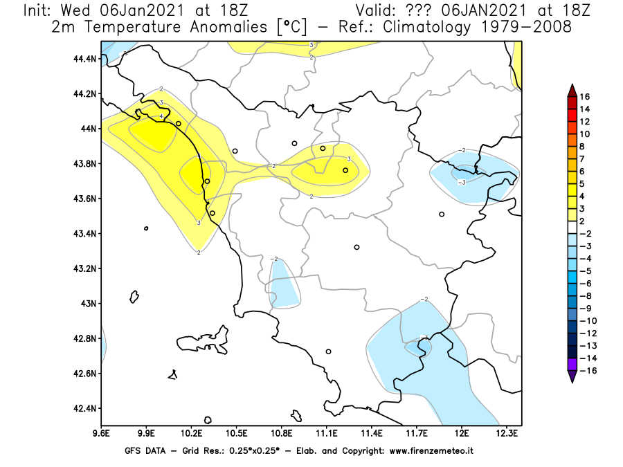 Mappa di analisi GFS - Anomalia Temperatura [°C] a 2 m in Toscana
							del 06/01/2021 18 <!--googleoff: index-->UTC<!--googleon: index-->