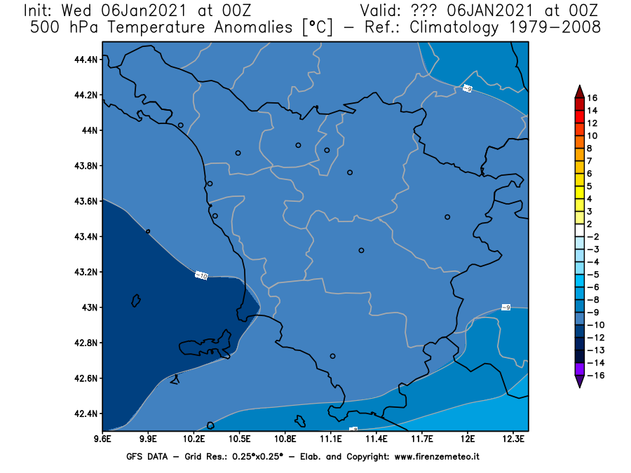 Mappa di analisi GFS - Anomalia Temperatura [°C] a 500 hPa in Toscana
									del 06/01/2021 00 <!--googleoff: index-->UTC<!--googleon: index-->
