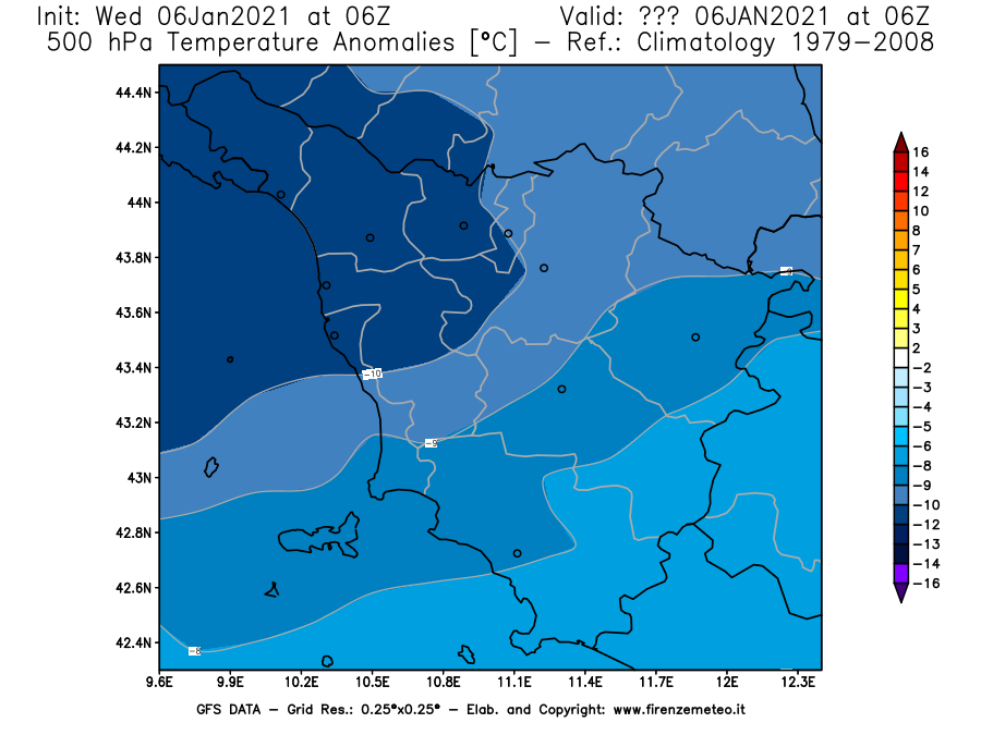 Mappa di analisi GFS - Anomalia Temperatura [°C] a 500 hPa in Toscana
							del 06/01/2021 06 <!--googleoff: index-->UTC<!--googleon: index-->