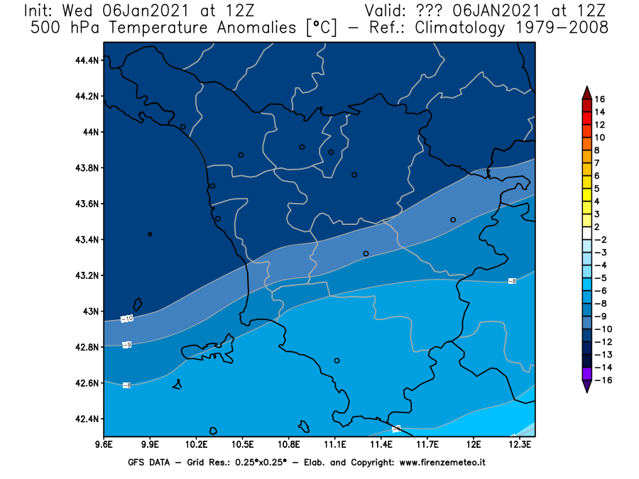 Mappa di analisi GFS - Anomalia Temperatura [°C] a 500 hPa in Toscana
							del 06/01/2021 12 <!--googleoff: index-->UTC<!--googleon: index-->