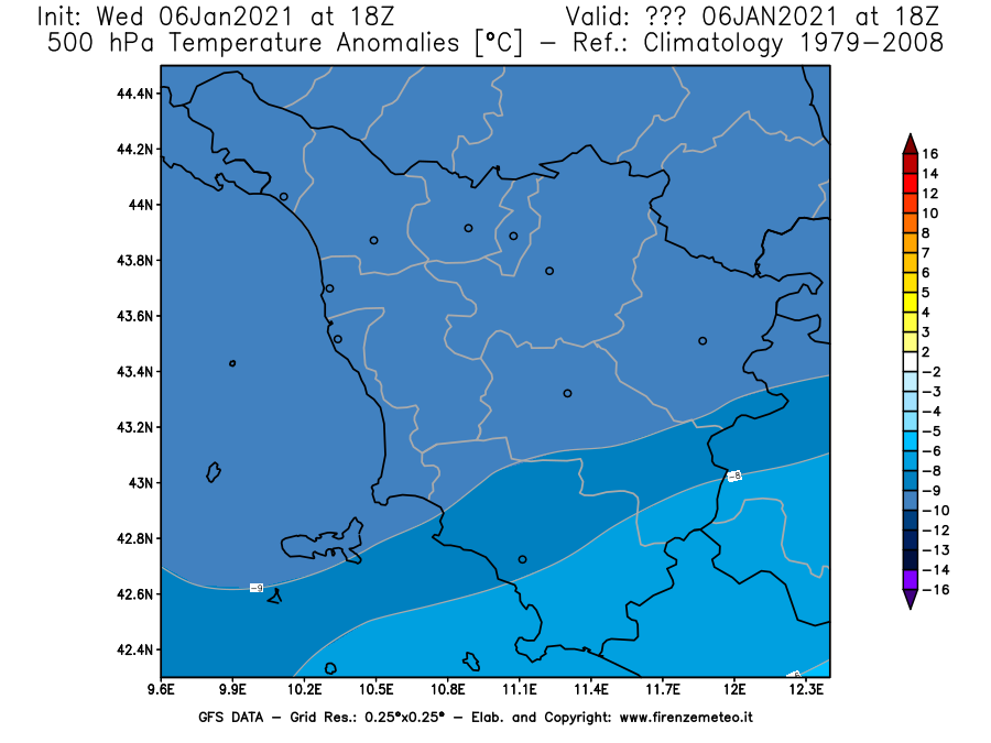 Mappa di analisi GFS - Anomalia Temperatura [°C] a 500 hPa in Toscana
									del 06/01/2021 18 <!--googleoff: index-->UTC<!--googleon: index-->