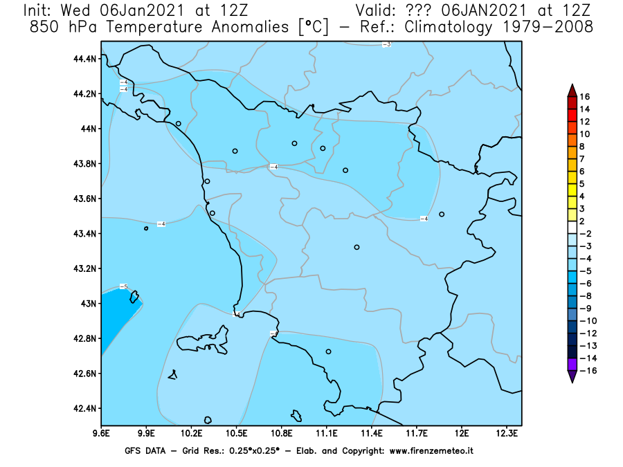 Mappa di analisi GFS - Anomalia Temperatura [°C] a 850 hPa in Toscana
									del 06/01/2021 12 <!--googleoff: index-->UTC<!--googleon: index-->