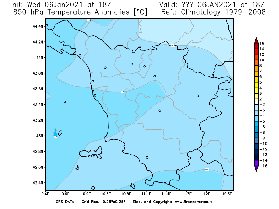Mappa di analisi GFS - Anomalia Temperatura [°C] a 850 hPa in Toscana
									del 06/01/2021 18 <!--googleoff: index-->UTC<!--googleon: index-->