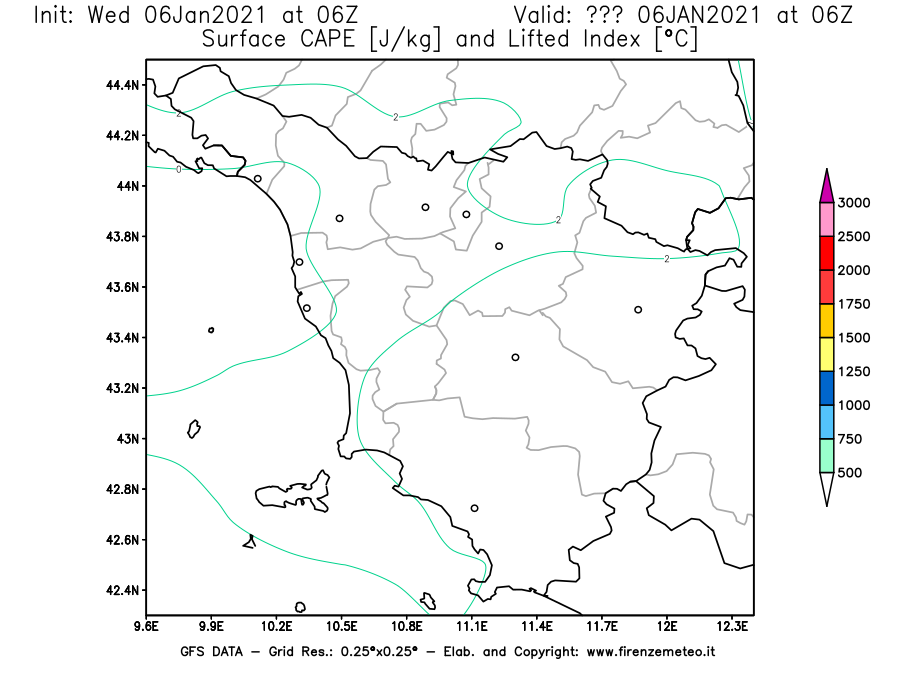 Mappa di analisi GFS - CAPE [J/kg] e Lifted Index [°C] in Toscana
									del 06/01/2021 06 <!--googleoff: index-->UTC<!--googleon: index-->