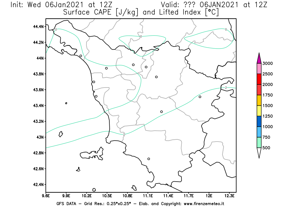 Mappa di analisi GFS - CAPE [J/kg] e Lifted Index [°C] in Toscana
							del 06/01/2021 12 <!--googleoff: index-->UTC<!--googleon: index-->