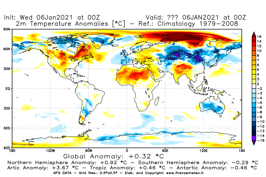 Mappa di analisi GFS - Anomalia Temperatura [°C] a 2 m in World
							del 06/01/2021 00 <!--googleoff: index-->UTC<!--googleon: index-->