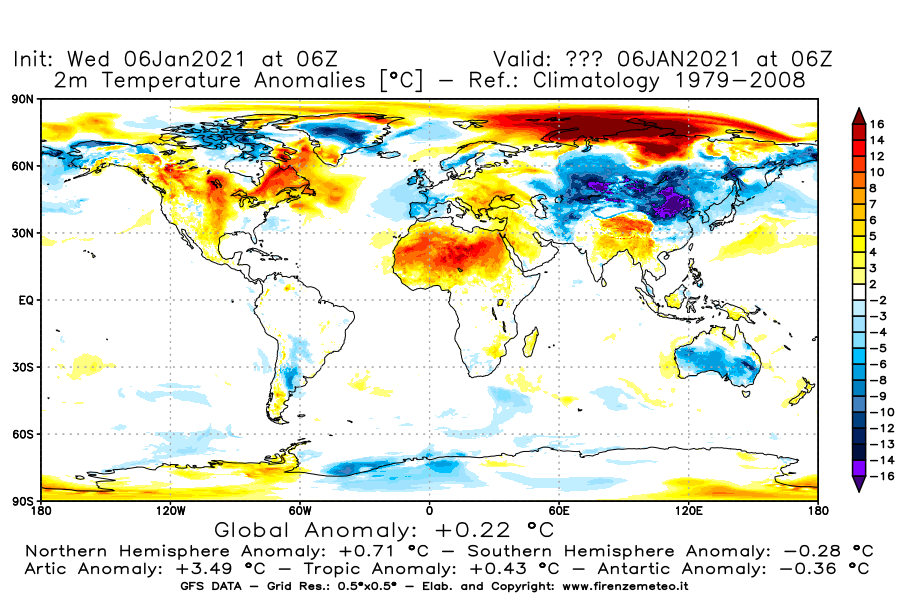 Mappa di analisi GFS - Anomalia Temperatura [°C] a 2 m in World
									del 06/01/2021 06 <!--googleoff: index-->UTC<!--googleon: index-->