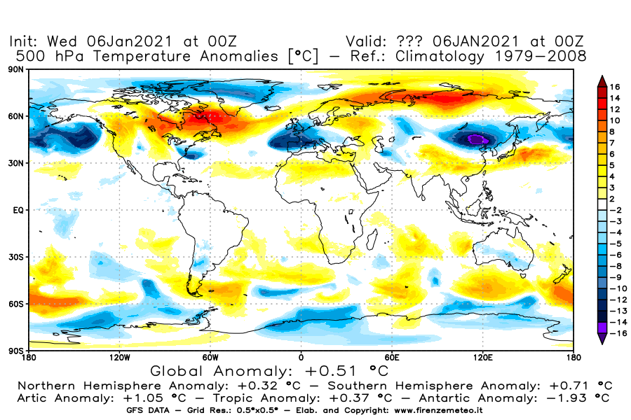 Mappa di analisi GFS - Anomalia Temperatura [°C] a 500 hPa in World
							del 06/01/2021 00 <!--googleoff: index-->UTC<!--googleon: index-->
