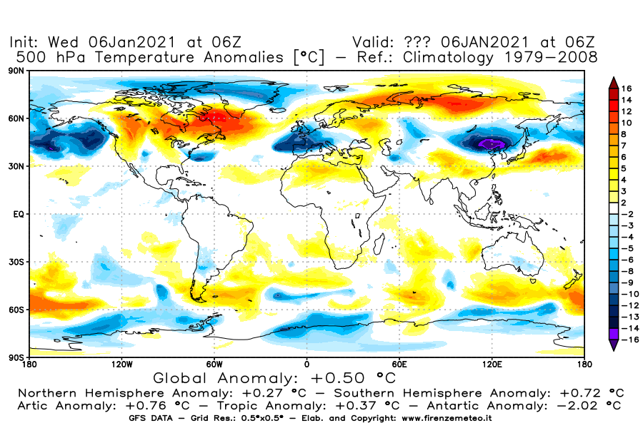 Mappa di analisi GFS - Anomalia Temperatura [°C] a 500 hPa in World
									del 06/01/2021 06 <!--googleoff: index-->UTC<!--googleon: index-->