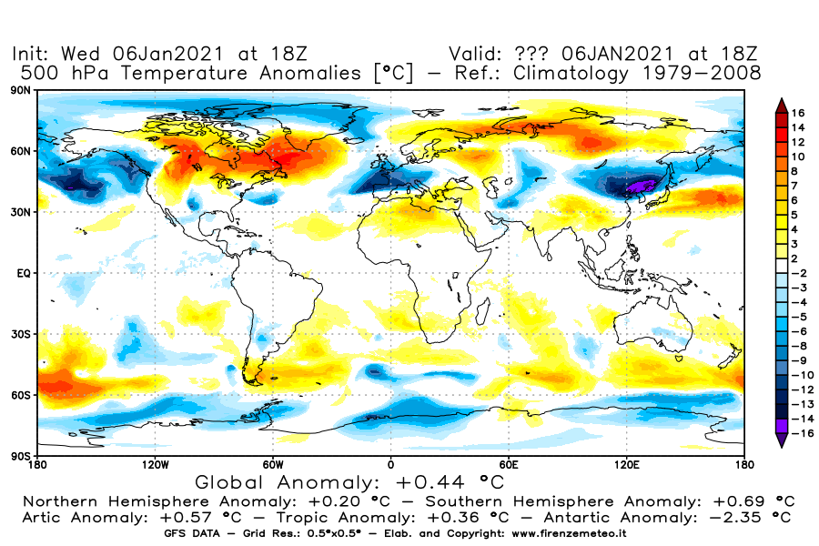 Mappa di analisi GFS - Anomalia Temperatura [°C] a 500 hPa in World
							del 06/01/2021 18 <!--googleoff: index-->UTC<!--googleon: index-->