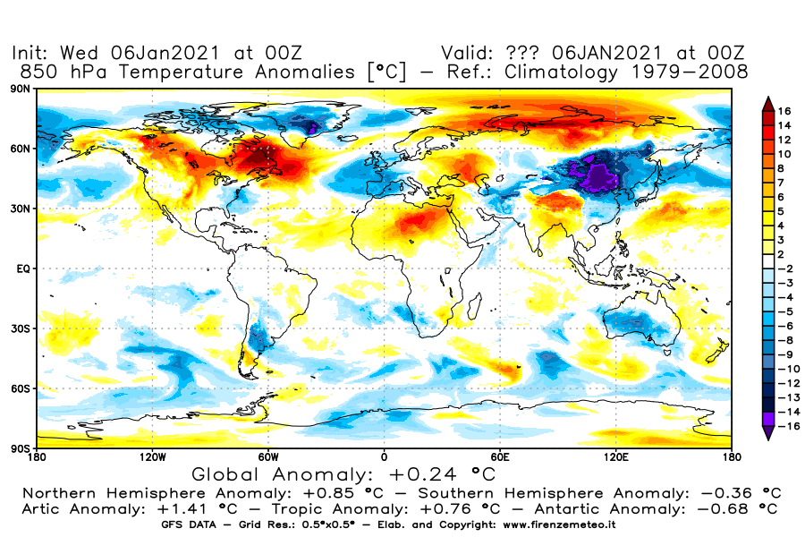 Mappa di analisi GFS - Anomalia Temperatura [°C] a 850 hPa in World
							del 06/01/2021 00 <!--googleoff: index-->UTC<!--googleon: index-->