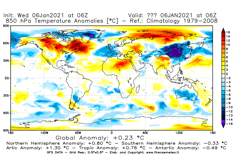 Mappa di analisi GFS - Anomalia Temperatura [°C] a 850 hPa in World
									del 06/01/2021 06 <!--googleoff: index-->UTC<!--googleon: index-->