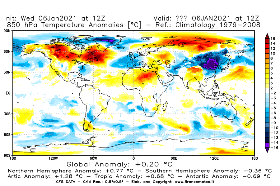 Mappa di analisi GFS - Anomalia Temperatura [°C] a 850 hPa in World
									del 06/01/2021 12 <!--googleoff: index-->UTC<!--googleon: index-->