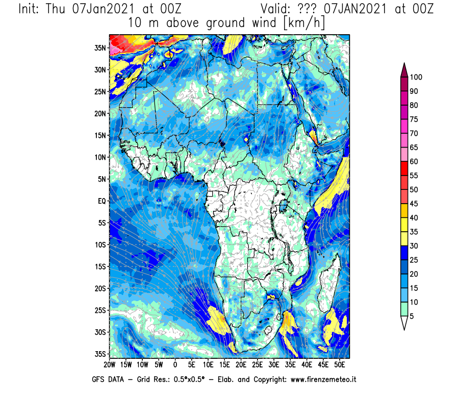 Mappa di analisi GFS - Velocità del vento a 10 metri dal suolo [km/h] in Africa
							del 07/01/2021 00 <!--googleoff: index-->UTC<!--googleon: index-->