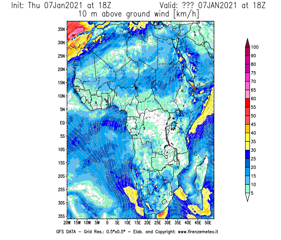 Mappa di analisi GFS - Velocità del vento a 10 metri dal suolo [km/h] in Africa
							del 07/01/2021 18 <!--googleoff: index-->UTC<!--googleon: index-->