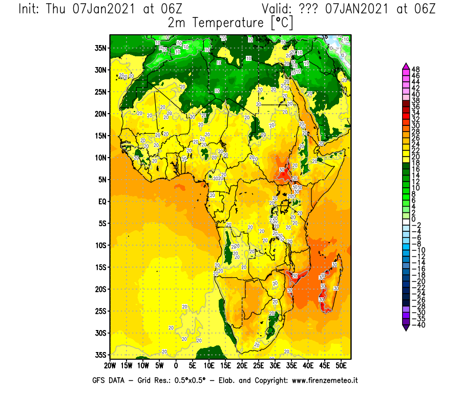 Mappa di analisi GFS - Temperatura a 2 metri dal suolo [°C] in Africa
							del 07/01/2021 06 <!--googleoff: index-->UTC<!--googleon: index-->