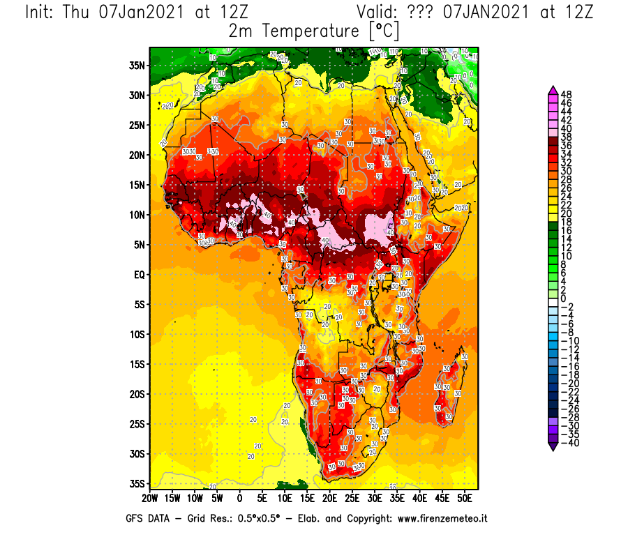 Mappa di analisi GFS - Temperatura a 2 metri dal suolo [°C] in Africa
							del 07/01/2021 12 <!--googleoff: index-->UTC<!--googleon: index-->