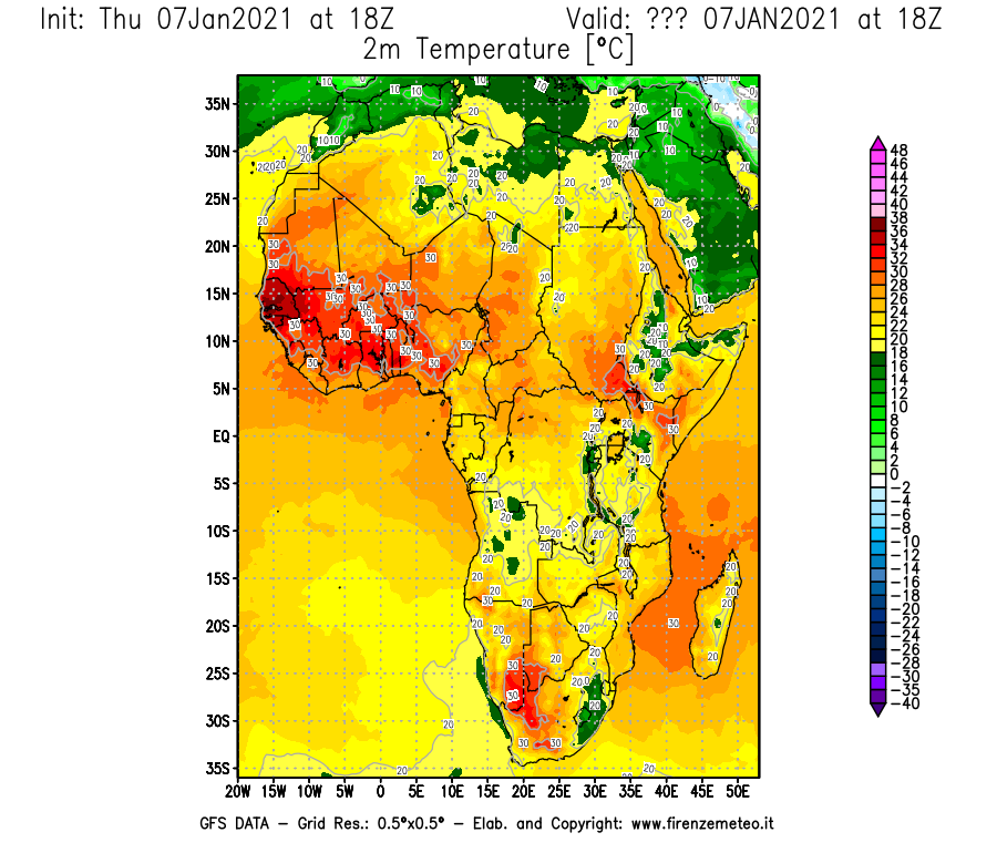 Mappa di analisi GFS - Temperatura a 2 metri dal suolo [°C] in Africa
							del 07/01/2021 18 <!--googleoff: index-->UTC<!--googleon: index-->