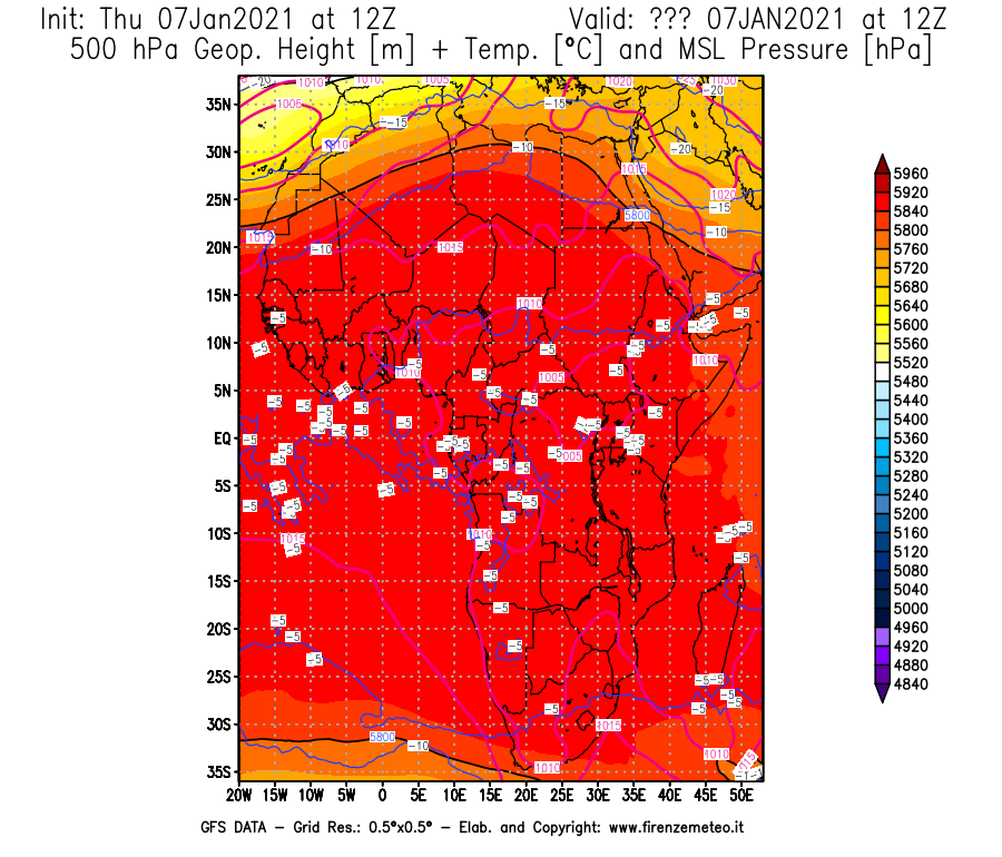 Mappa di analisi GFS - Geopotenziale [m] + Temp. [°C] a 500 hPa + Press. a livello del mare [hPa] in Africa
							del 07/01/2021 12 <!--googleoff: index-->UTC<!--googleon: index-->