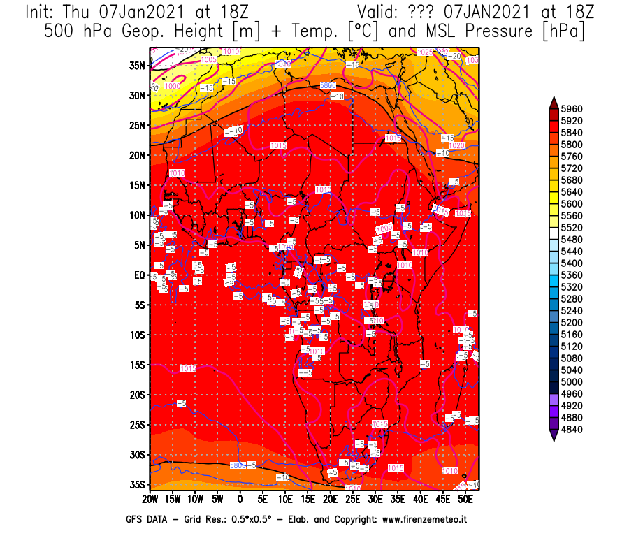 Mappa di analisi GFS - Geopotenziale [m] + Temp. [°C] a 500 hPa + Press. a livello del mare [hPa] in Africa
							del 07/01/2021 18 <!--googleoff: index-->UTC<!--googleon: index-->