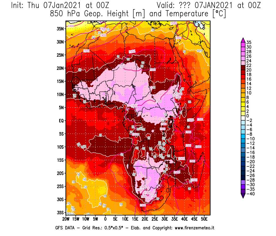 Mappa di analisi GFS - Geopotenziale [m] e Temperatura [°C] a 850 hPa in Africa
							del 07/01/2021 00 <!--googleoff: index-->UTC<!--googleon: index-->