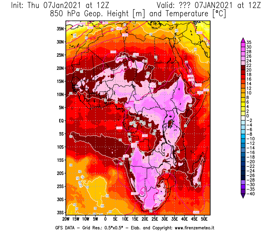 Mappa di analisi GFS - Geopotenziale [m] e Temperatura [°C] a 850 hPa in Africa
							del 07/01/2021 12 <!--googleoff: index-->UTC<!--googleon: index-->