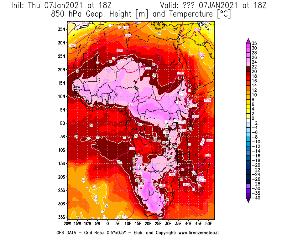 Mappa di analisi GFS - Geopotenziale [m] e Temperatura [°C] a 850 hPa in Africa
							del 07/01/2021 18 <!--googleoff: index-->UTC<!--googleon: index-->