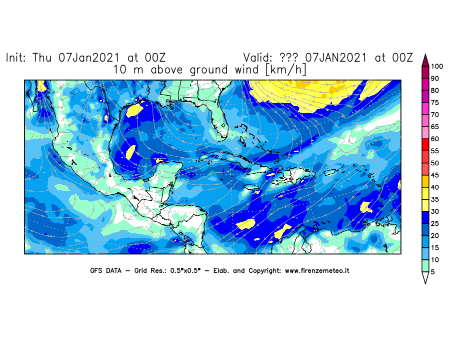 Mappa di analisi GFS - Velocità del vento a 10 metri dal suolo [km/h] in Centro-America
							del 07/01/2021 00 <!--googleoff: index-->UTC<!--googleon: index-->