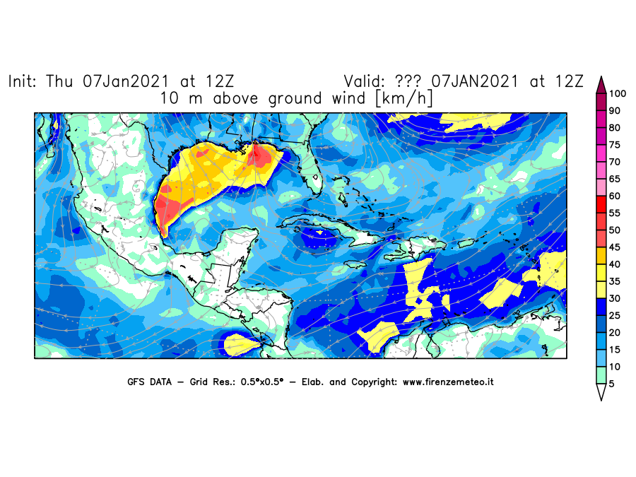 Mappa di analisi GFS - Velocità del vento a 10 metri dal suolo [km/h] in Centro-America
							del 07/01/2021 12 <!--googleoff: index-->UTC<!--googleon: index-->