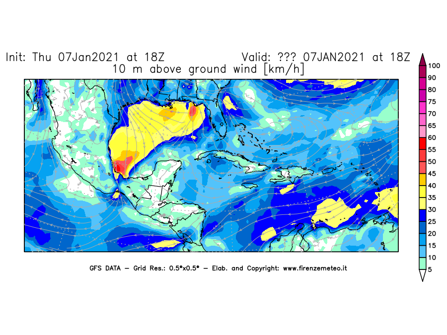 Mappa di analisi GFS - Velocità del vento a 10 metri dal suolo [km/h] in Centro-America
							del 07/01/2021 18 <!--googleoff: index-->UTC<!--googleon: index-->