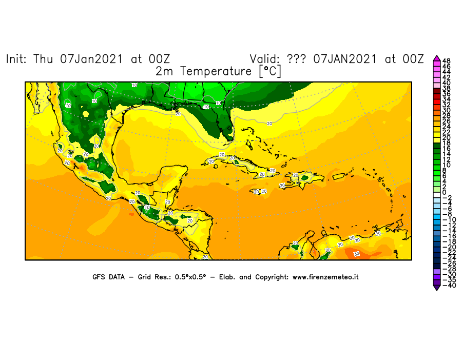 Mappa di analisi GFS - Temperatura a 2 metri dal suolo [°C] in Centro-America
							del 07/01/2021 00 <!--googleoff: index-->UTC<!--googleon: index-->