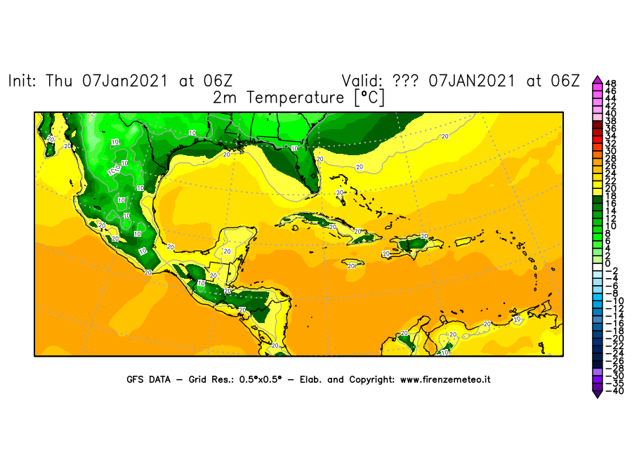 Mappa di analisi GFS - Temperatura a 2 metri dal suolo [°C] in Centro-America
							del 07/01/2021 06 <!--googleoff: index-->UTC<!--googleon: index-->