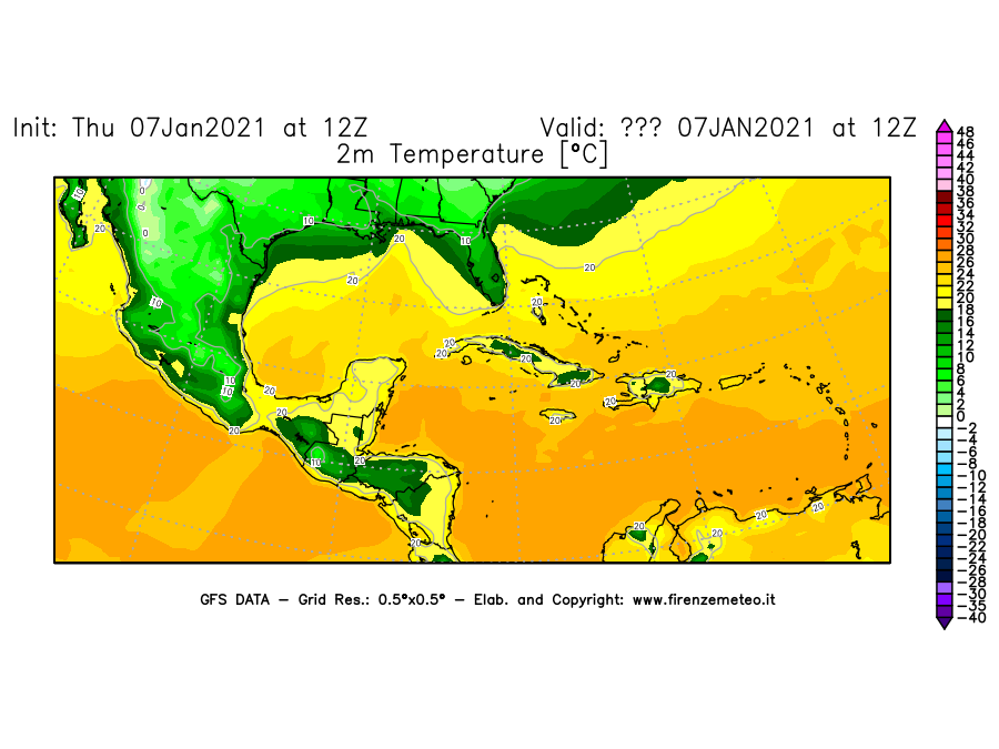 Mappa di analisi GFS - Temperatura a 2 metri dal suolo [°C] in Centro-America
							del 07/01/2021 12 <!--googleoff: index-->UTC<!--googleon: index-->