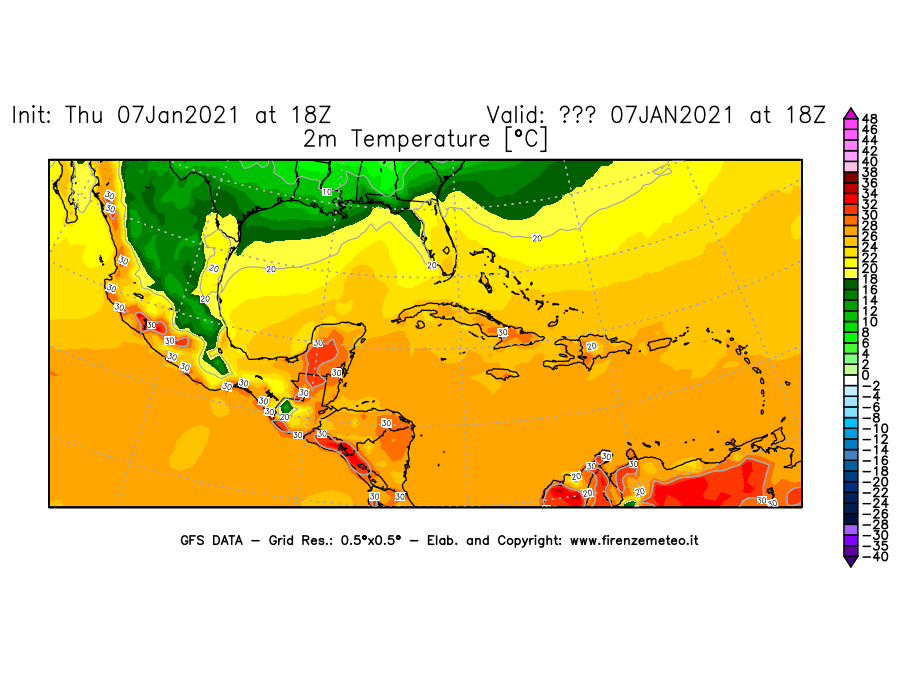 Mappa di analisi GFS - Temperatura a 2 metri dal suolo [°C] in Centro-America
							del 07/01/2021 18 <!--googleoff: index-->UTC<!--googleon: index-->