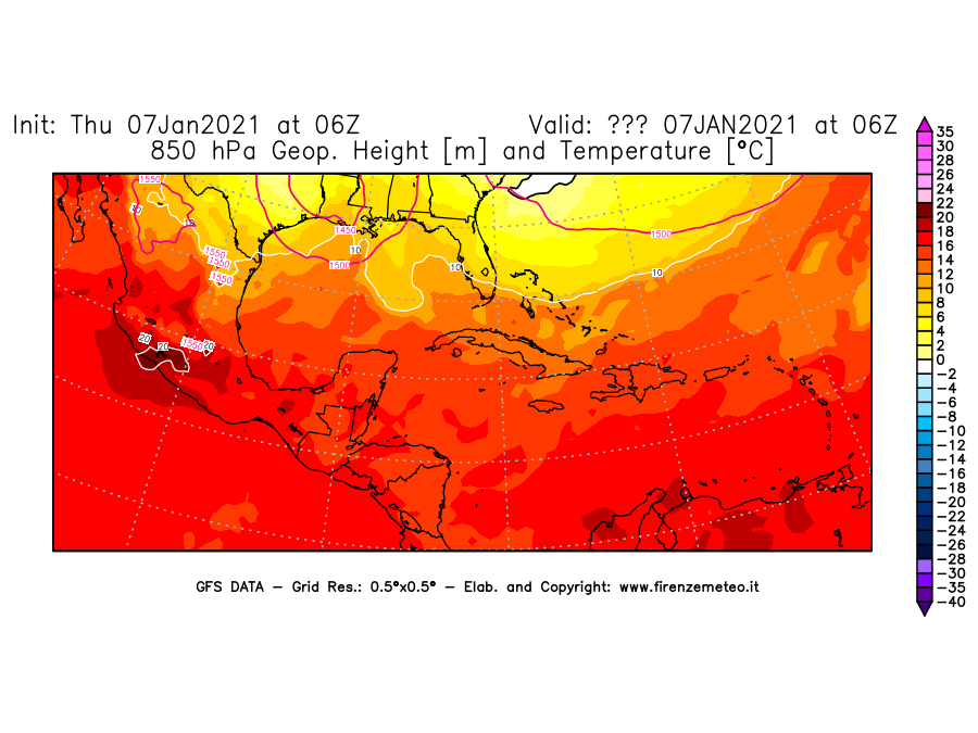 Mappa di analisi GFS - Geopotenziale [m] e Temperatura [°C] a 850 hPa in Centro-America
							del 07/01/2021 06 <!--googleoff: index-->UTC<!--googleon: index-->