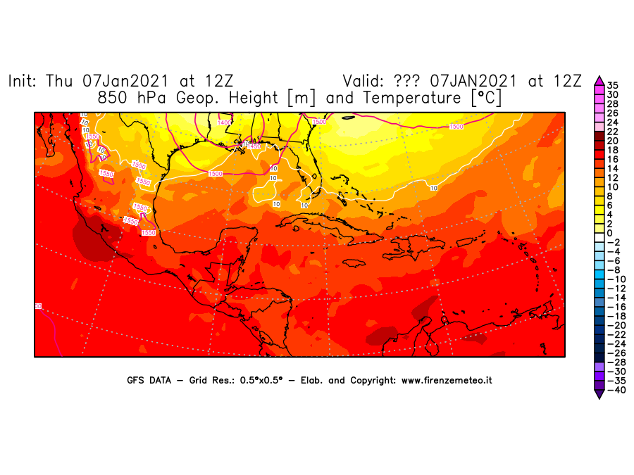 Mappa di analisi GFS - Geopotenziale [m] e Temperatura [°C] a 850 hPa in Centro-America
							del 07/01/2021 12 <!--googleoff: index-->UTC<!--googleon: index-->