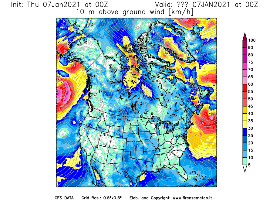 Mappa di analisi GFS - Velocità del vento a 10 metri dal suolo [km/h] in Nord-America
							del 07/01/2021 00 <!--googleoff: index-->UTC<!--googleon: index-->