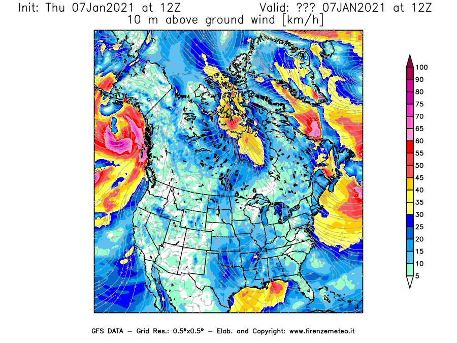 Mappa di analisi GFS - Velocità del vento a 10 metri dal suolo [km/h] in Nord-America
							del 07/01/2021 12 <!--googleoff: index-->UTC<!--googleon: index-->