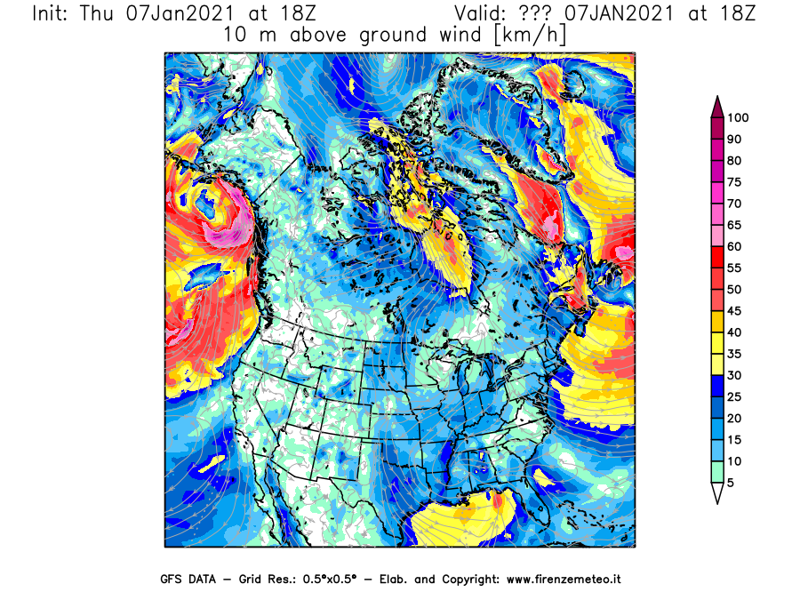 Mappa di analisi GFS - Velocità del vento a 10 metri dal suolo [km/h] in Nord-America
							del 07/01/2021 18 <!--googleoff: index-->UTC<!--googleon: index-->