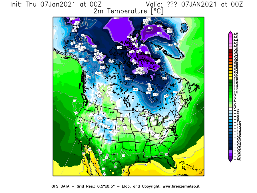 Mappa di analisi GFS - Temperatura a 2 metri dal suolo [°C] in Nord-America
							del 07/01/2021 00 <!--googleoff: index-->UTC<!--googleon: index-->