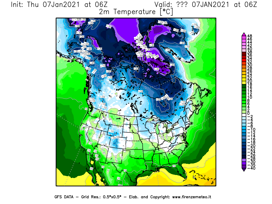 Mappa di analisi GFS - Temperatura a 2 metri dal suolo [°C] in Nord-America
							del 07/01/2021 06 <!--googleoff: index-->UTC<!--googleon: index-->
