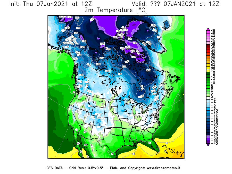 Mappa di analisi GFS - Temperatura a 2 metri dal suolo [°C] in Nord-America
							del 07/01/2021 12 <!--googleoff: index-->UTC<!--googleon: index-->