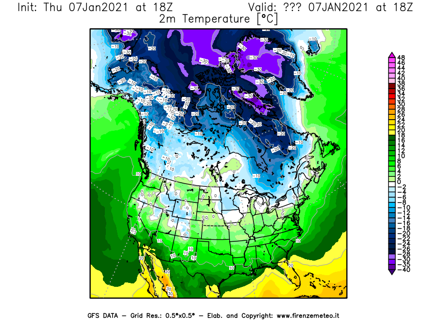 Mappa di analisi GFS - Temperatura a 2 metri dal suolo [°C] in Nord-America
							del 07/01/2021 18 <!--googleoff: index-->UTC<!--googleon: index-->